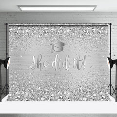 Lofaris She Did Glitter Silver Diamonds Graduation Backdrop
