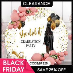 Lofaris (Ship In 24HR) Glitter Black Gold She Did It Grad Round Backdrop