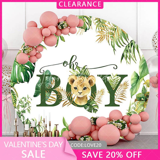 Lofaris (Ship In 24HR) Round Safari Lion Oh Baby Gender Reveal Backdrop