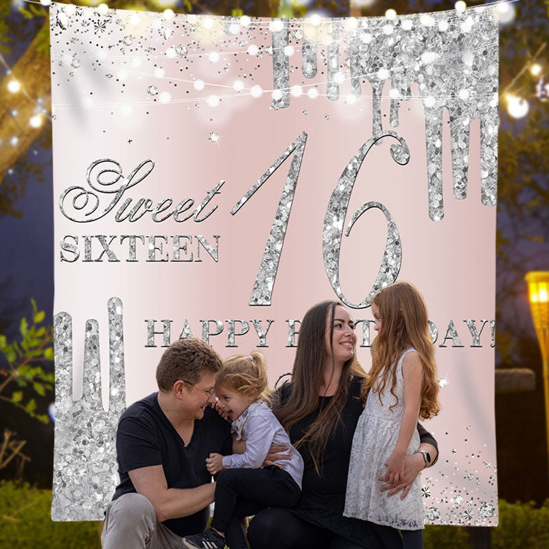 Lofaris Silver Glitter Rose Gold Custom 16th Birthday Backdrop