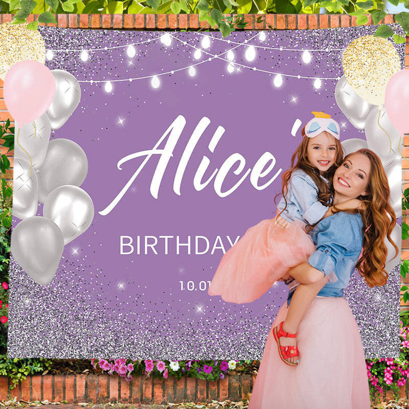 Lofaris Silver Glitter Soft Purple Custom Name Birthday Backdrop