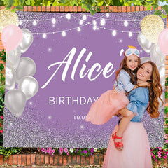 Lofaris Silver Glitter Soft Purple Custom Name Birthday Backdrop