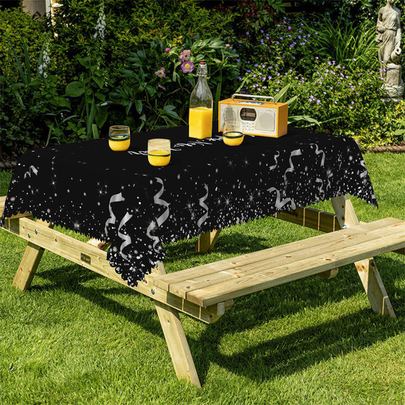 Lofaris Silver Ribbons Glitter Black Happy New Year Tablecloth