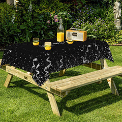Lofaris Silver Ribbons Glitter Black Happy New Year Tablecloth