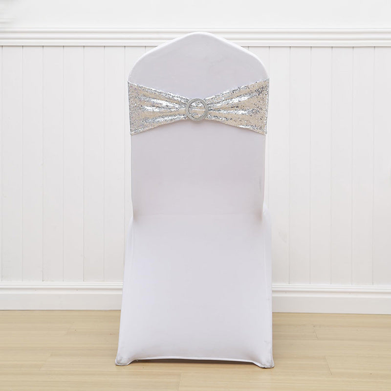 Lofaris Silver Sequin Buckles Banquet Chair Sash Band Bows