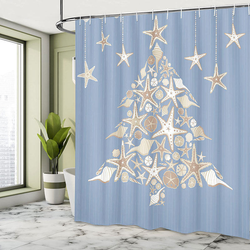 Lofaris Silver Star Xmas Tree Blue Christmas Shower Curtain