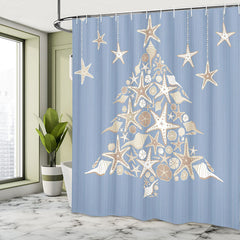 Lofaris Silver Star Xmas Tree Blue Christmas Shower Curtain