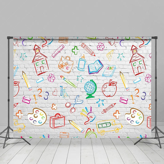 Lofaris Simple Lines White Brick Wall Back To School Backdrop