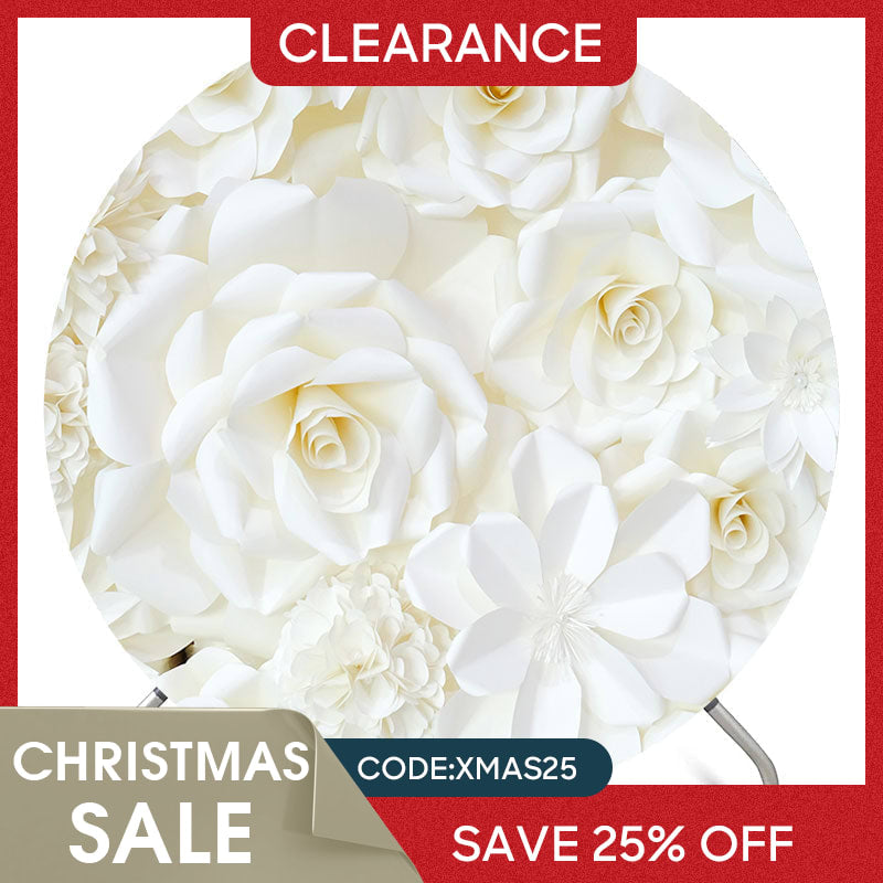 Lofaris (Ship In 24HR) Simple White Flowers Happy Birthday Round Backdrop