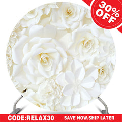 Lofaris (Ship In 24HR) Simple White Flowers Happy Birthday Round Backdrop