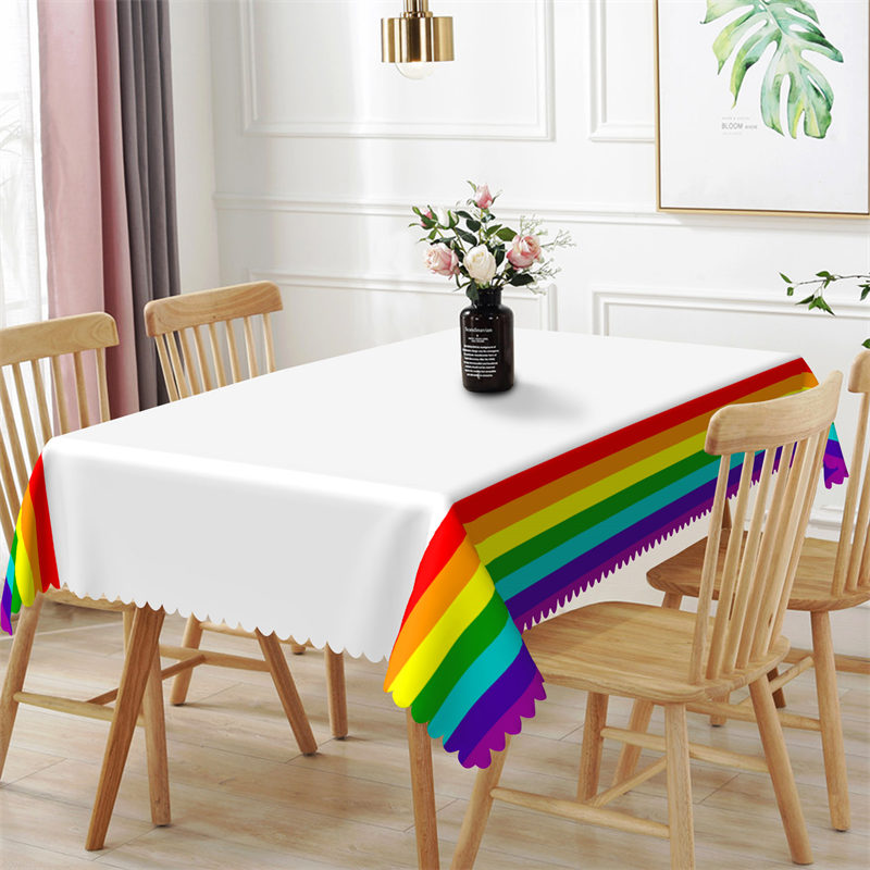 Lofaris Simple White Rainbow Edge LGBT Rectangle Tablecloth