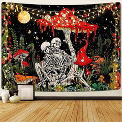 Lofaris Skeleton Couple Mushroom Green Plants Moon Tapestry