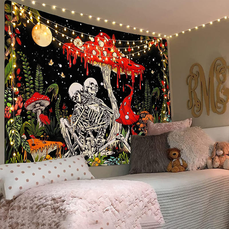 Lofaris Skeleton Couple Mushroom Green Plants Moon Tapestry