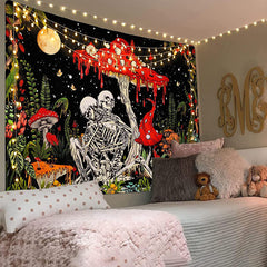Lofaris Skeleton Couple Mushroom Green Plants Moon Tapestry