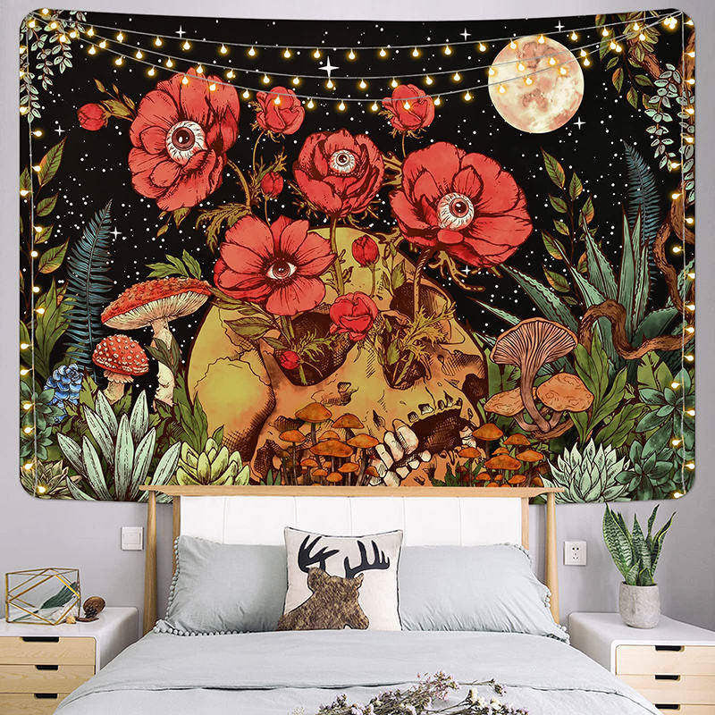 Lofaris Skull Red Flower Eyeball Leaves Night Moon Tapestry