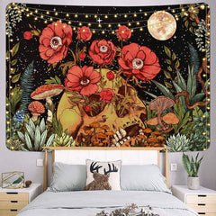 Lofaris Skull Red Flower Eyeball Leaves Night Moon Tapestry