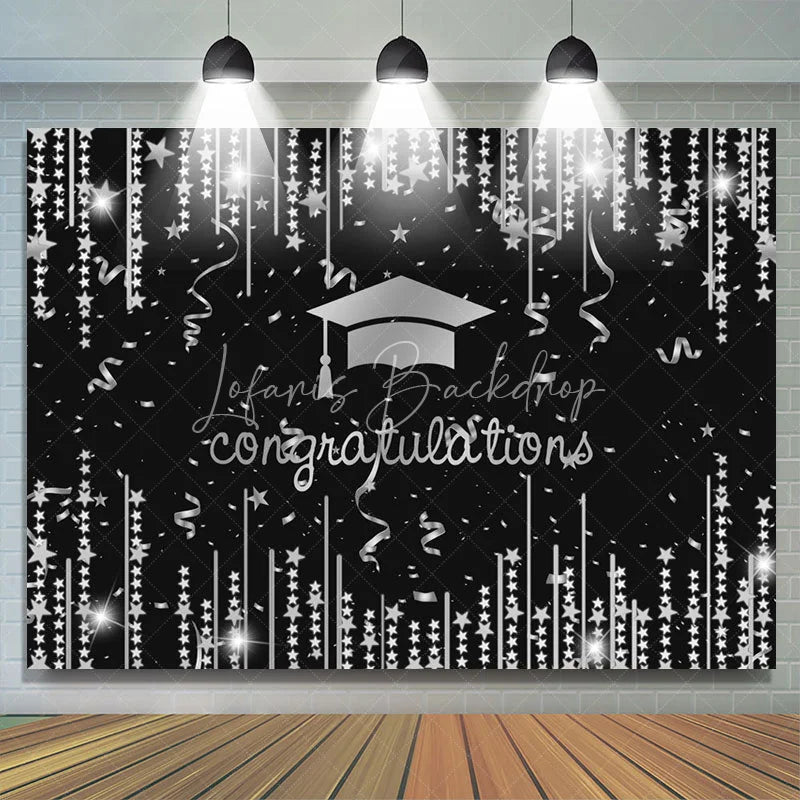 Lofaris Silver Glitter Star Congratulation Grad Black Backdrop