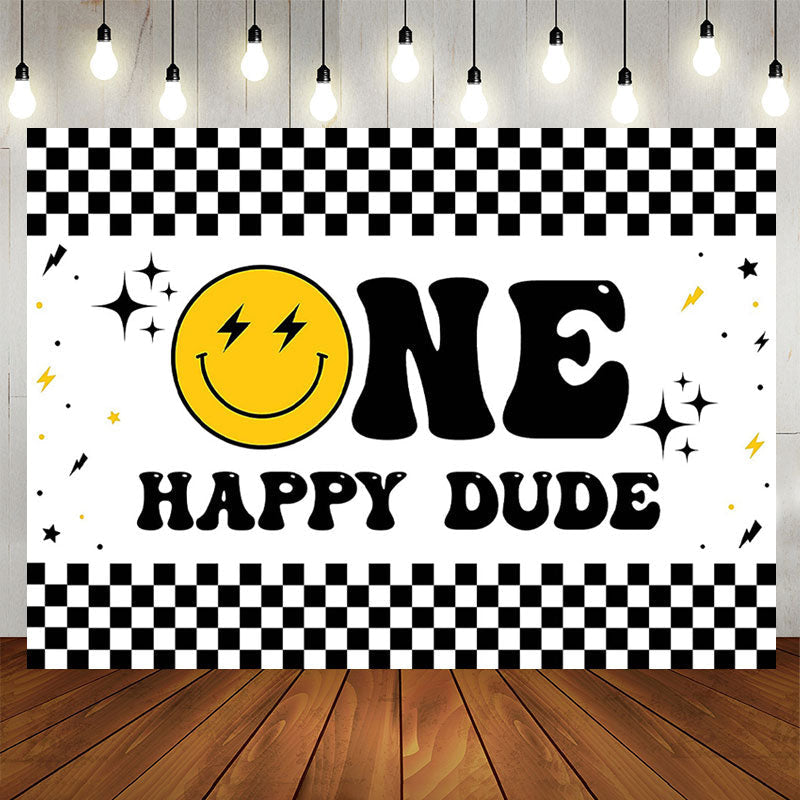 Lofaris Smiling Face Stars Plaid 1st Birthday Party Backdrop