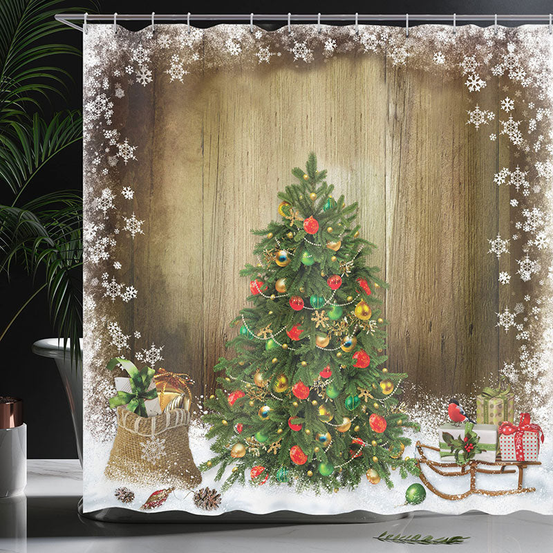 Lofaris Snow Green Cedar Gifts Wood Christmas Shower Curtain