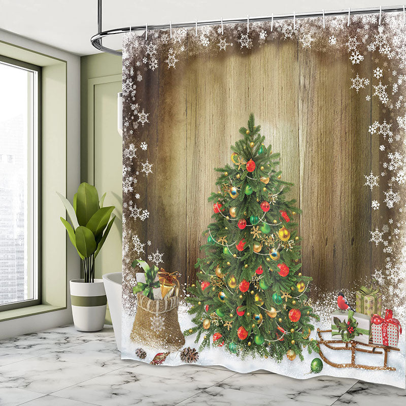 Lofaris Snow Green Cedar Gifts Wood Christmas Shower Curtain