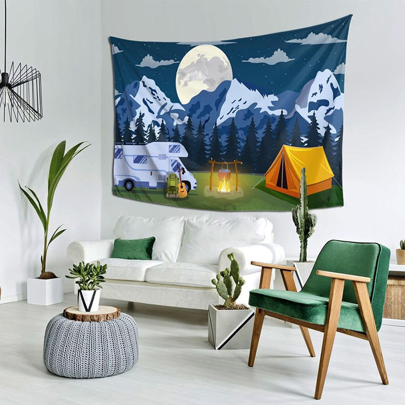 Lofaris Snow Mountain Forest Moon Night Camping Tapestry