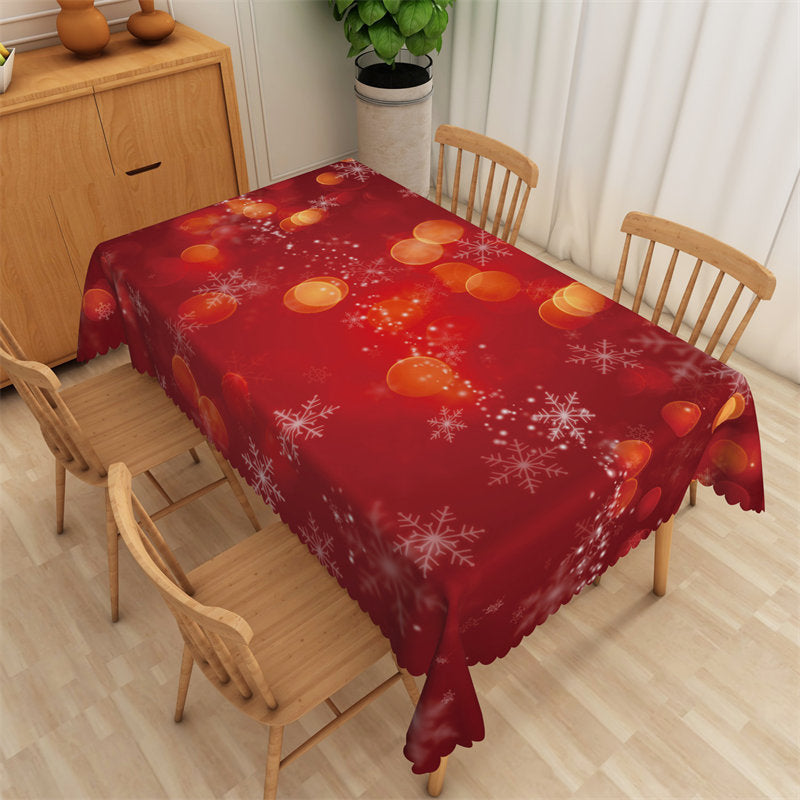 Snowflake Bokeh Red Christmas Dining Room Tablecloth Lofaris