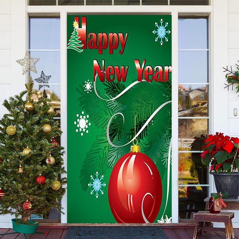 Lofaris Snowflake Red Ball Green Leaves New Year Door Cover
