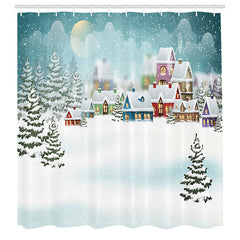 Lofaris Snowy Cartoon Town Forest Christmas Shower Curtain