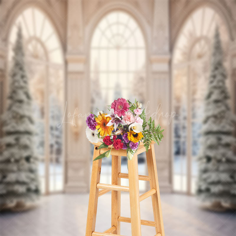 Lofaris Snowy Christmas Tree Winter Window Photo Backdrop