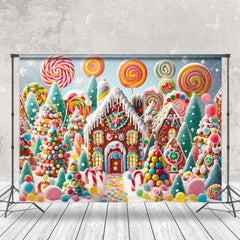 Lofaris Snowy Colorful Candyland House Christmas Backdrop