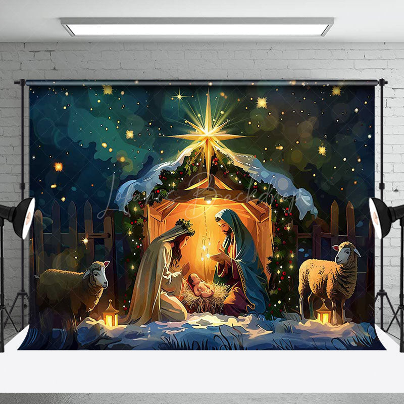 Lofaris Snowy Night Shed Nativity Merry Christmas Backdrop