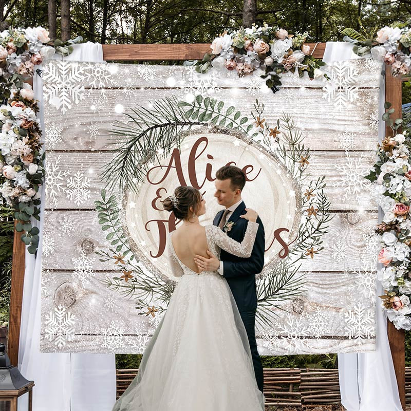 Lofaris Snowy Winter Falling In Love Wooden Backdrop For Couple