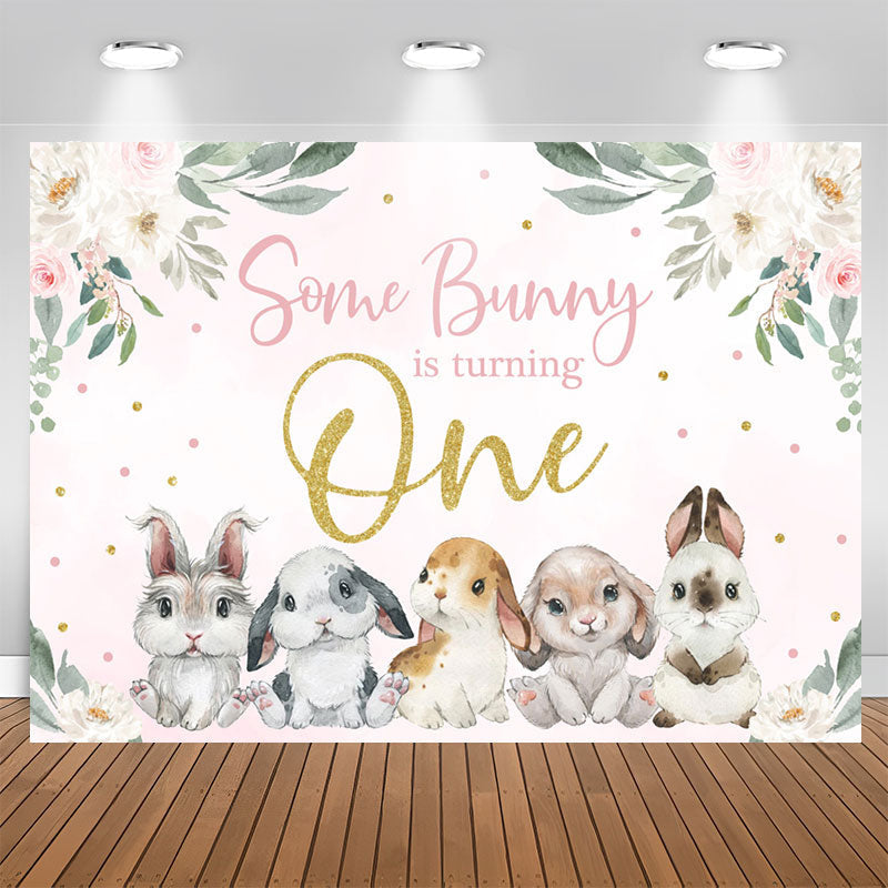 Lofaris Some Bunny Pink Floral Rabbit 1st Birthday Backdrop