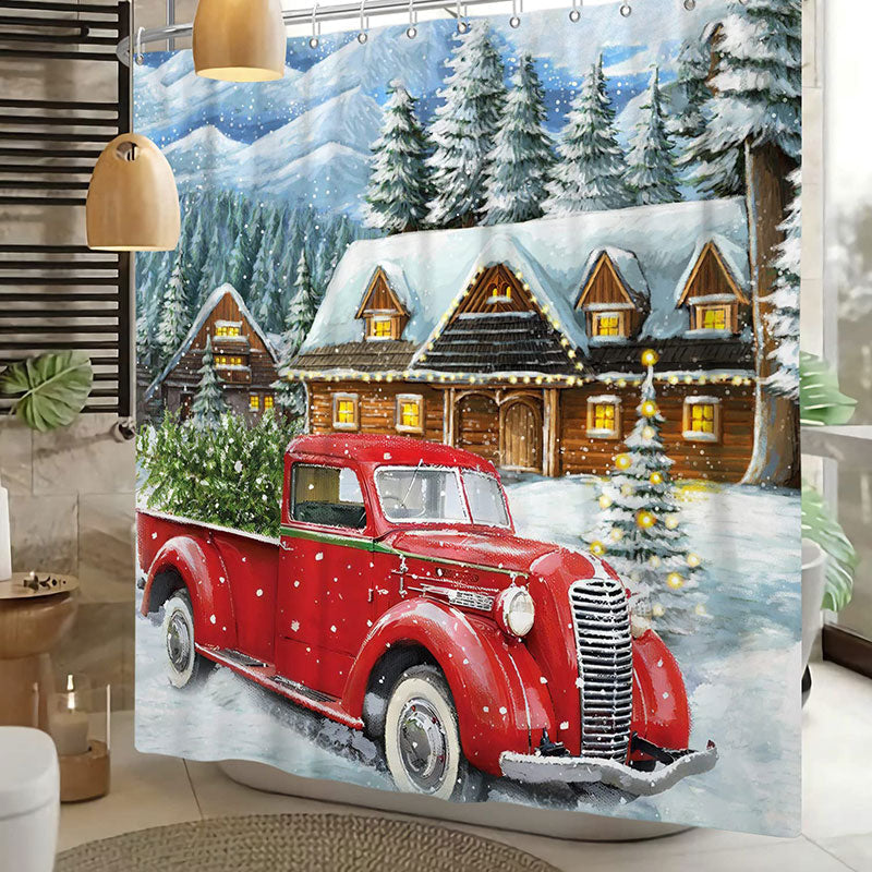 Lofaris Sonwy Red Truck Wood House Christmas Shower Curtain