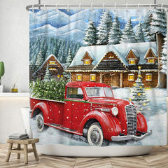 Lofaris Sonwy Red Truck Wood House Christmas Shower Curtain