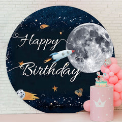 Lofaris Space Moon Rocket Happy Birthday Round Backdrop Cover