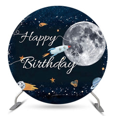 Lofaris Space Moon Rocket Happy Birthday Round Backdrop Cover