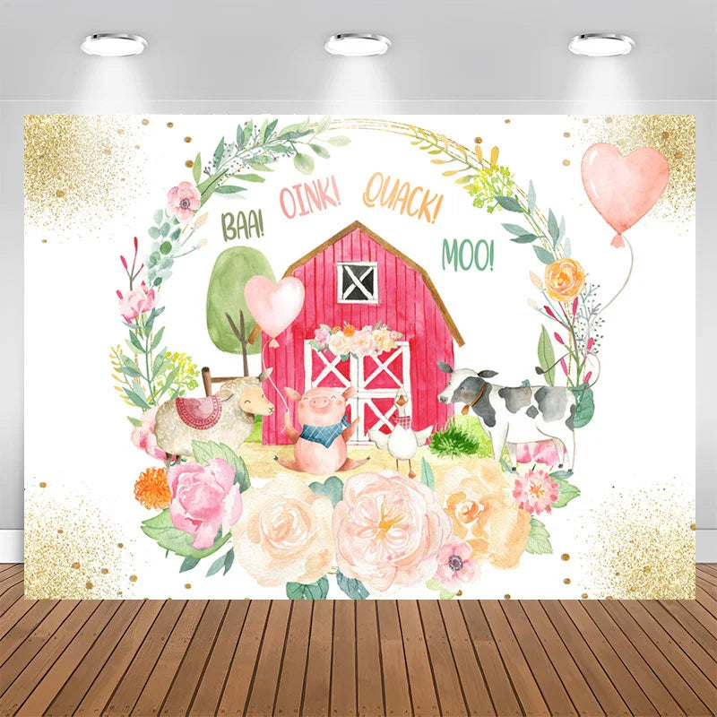 Lofaris Sparkle Floral Wooden House Animal Birthday Backdrop