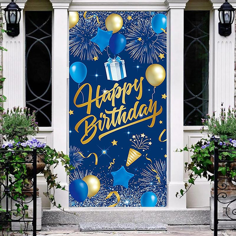 Lofaris Sparkle Gold Blue Balloons Happy Birthday Door Cover