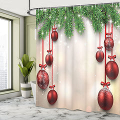 Lofaris Sparkle Red Ball Green Leaf Christmas Shower Curtain