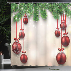 Lofaris Sparkle Red Ball Green Leaf Christmas Shower Curtain