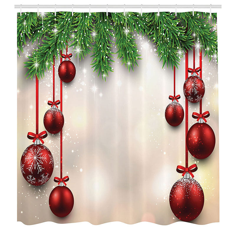 Lofaris Sparkle Red Ball Green Leaf Christmas Shower Curtain