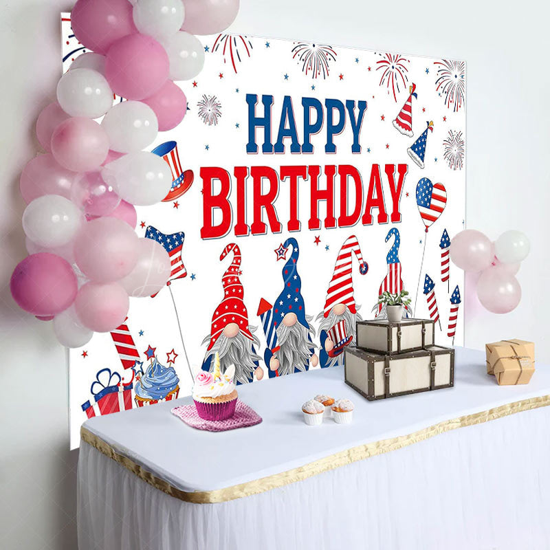 Lofaris Sparkle Usa Flag Gnome White Happy Birthday Backdrop