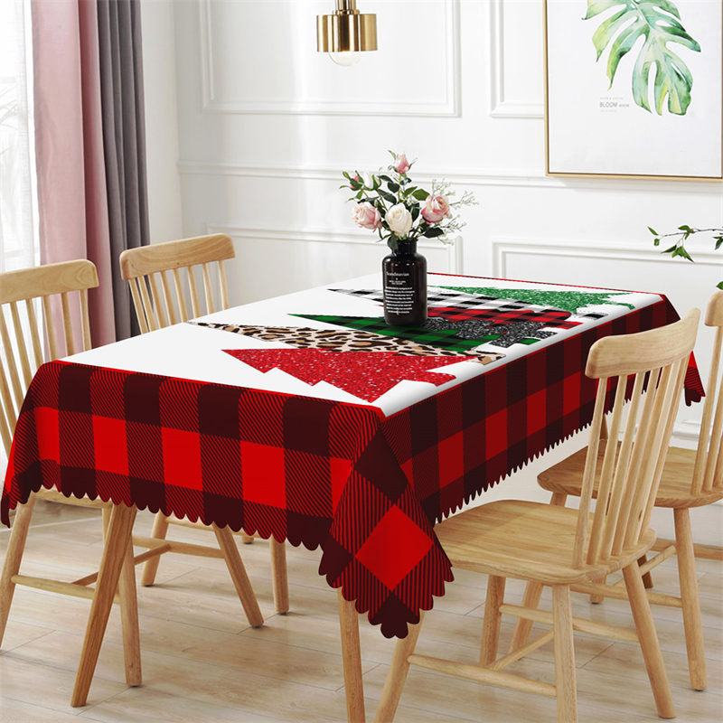 Sparkling Pine Trees Red Plaid Christmas Tablecloth Lofaris