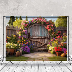Lofaris Spring Floral Retro Wooden Door Photography Backdrop