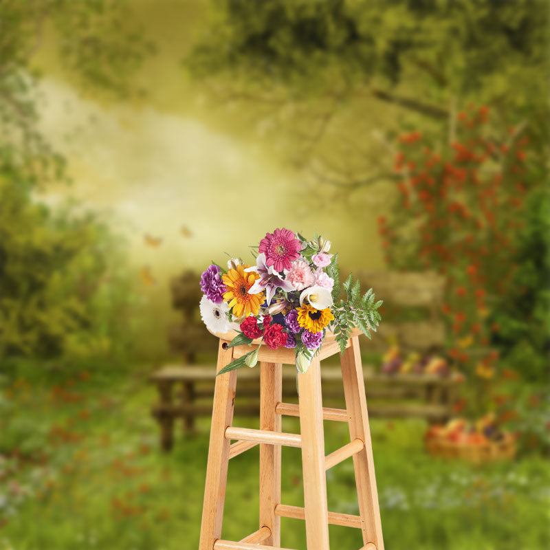 Lofaris Spring Forest Bench Fruits Grass Flower Backdrop