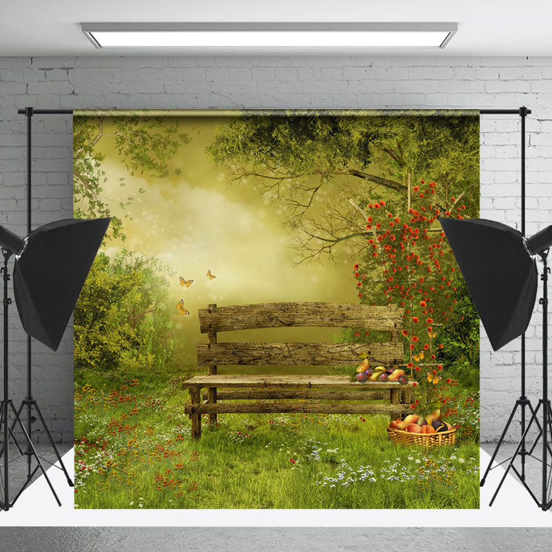 Lofaris Spring Forest Bench Fruits Grass Flower Backdrop