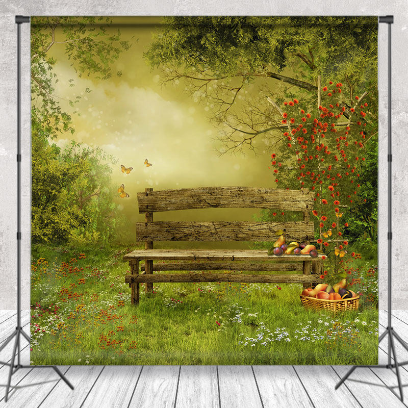 Lofaris Spring Forest Bench Fruits Grass Flower Backdrop