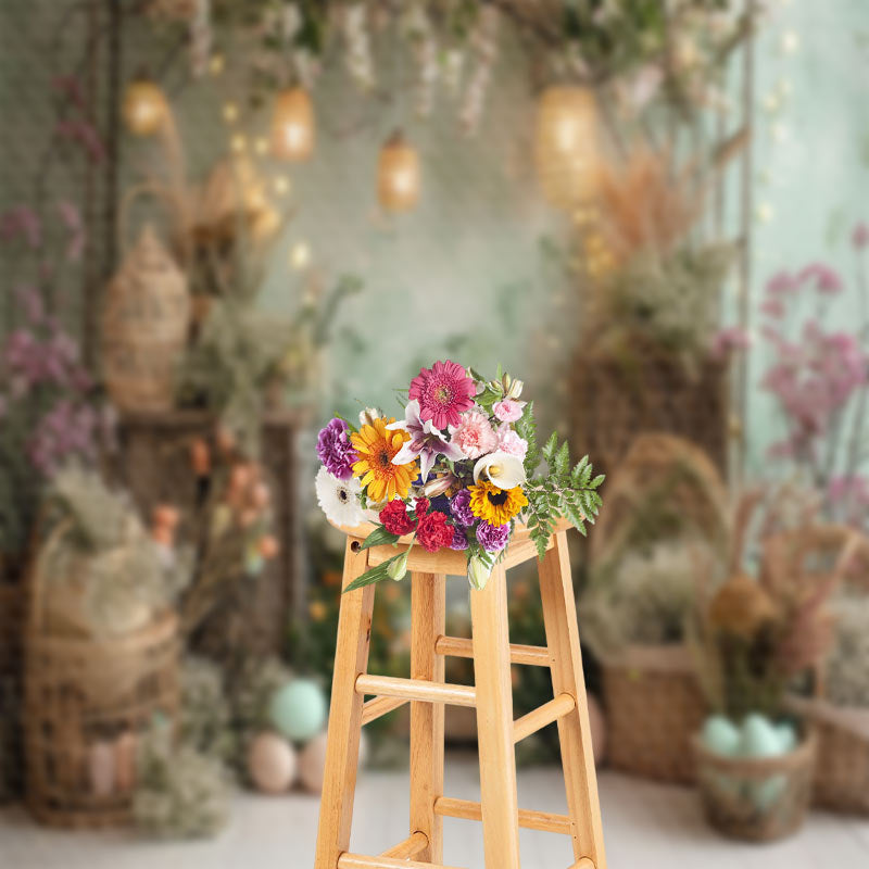 Lofaris Spring Green Wall Floral Woven Basket Photo Backdrop
