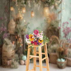 Lofaris Spring Green Wall Floral Woven Basket Photo Backdrop